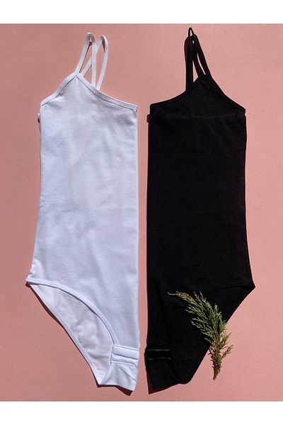 LEYNA BUTİK 2 Pieces Black and White Clasp Cotton Lycra Rope Strap Oval Collar Women's Athlete-body