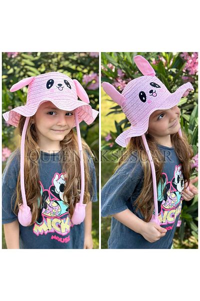 QUEEN AKSESUAR Children's Hat with Pink Animal Figures - Movable and Eared Straw Pump