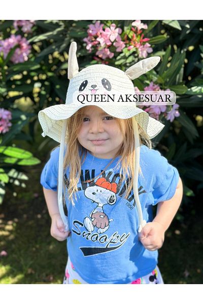 QUEEN AKSESUAR White Children's Hat with Animal Figures - Movable and Straw Pump
