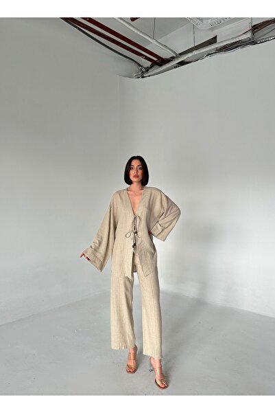 Laluvia Stone Color Beaded Kimono Linen Set