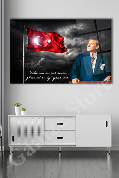 gamze store Atatürk ve Türk Bayrağı Portresi Cam Tablo Ev Salon Ofis Hediyelik Büyük Tablo Duvar Dekoru