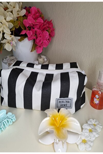 perlina home حقيبة مكياج سوداء وبيضاء مخططة_حجم كبير