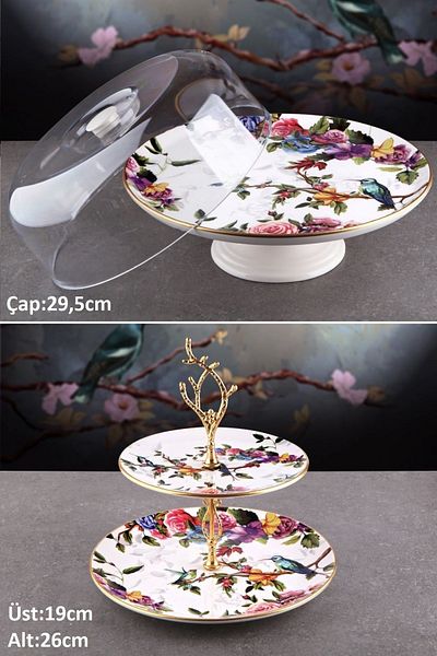 Pinkev Flora 2-Piece Ceramic Layered Cookie Cake Presentation Plate Set with Dome - Kup123F