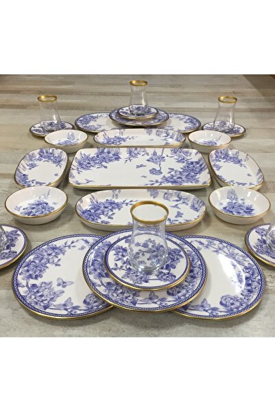 Pinkev Butterfly 27 Parça 6 Kişilik Seramik Kahvaltılık Kahvaltı Takımı Seti - Kup115s