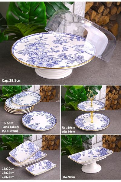 Pinkev Blue Gold 13 Piece Cake with Dome Breakfast Presentation Plate Set