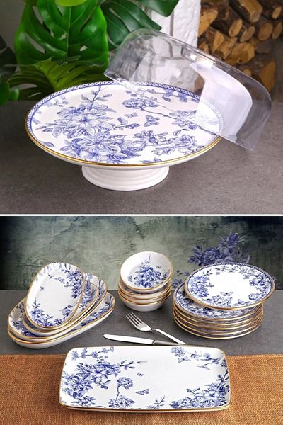 Pinkev Butterfly 16 Piece Ceramic Cake Presentation Plate Set with Dome - Kup116S