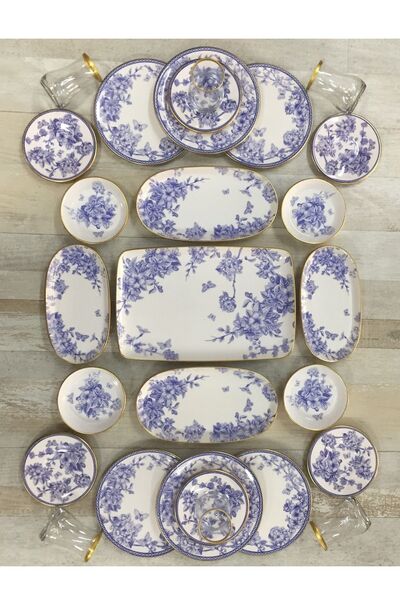 Pinkev 27 Parça 6 Kişilik Mavi Gold Çay Bardaklı Seramik Kahvaltı Pasta Tabağı Sunum Takımı Seti