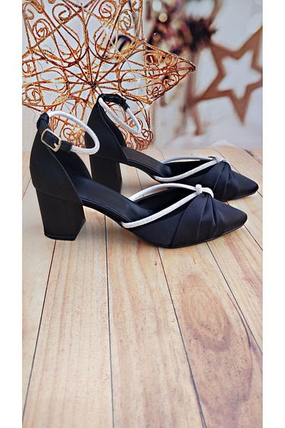 Modavien women's black 5 cm thick heel satin evening shoes