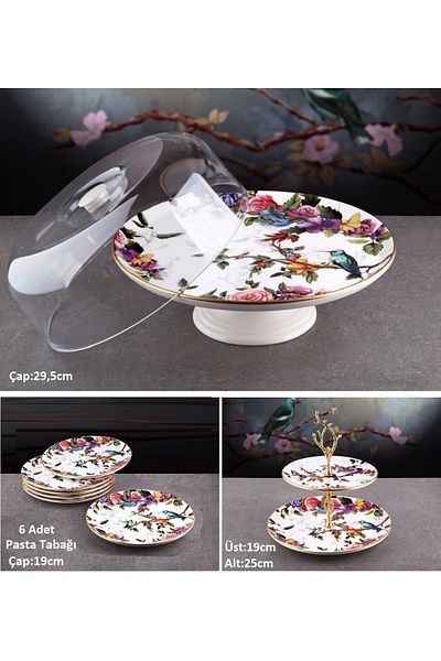 Pinkev Flora 8 Piece Ceramic Dome Cake Presentation Plate Set - Kup125F