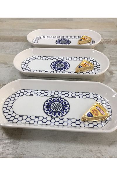 Pinkev 3 Pieces Medium Size 26cm Ceramic Oval Breakfast Cheese Boat Serving Presentation Plate Set