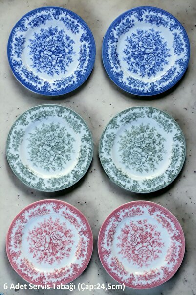 Pinkev 6 Kişilik Porselen 3 Renk Rosabella 24,5cm Servis Sunum Tabağı Takımı ...
