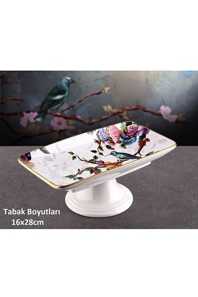 Pinkev Flora Ceramic Footed Cake Cake Chocolate Serving Presentation Plate 16x28cm