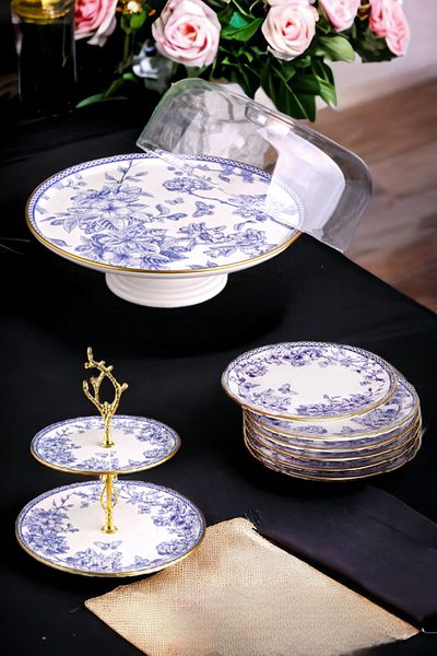 Pinkev Butterfly 8 Piece Ceramic Dome Cake Layered Cookie Holder Presentation Plate Set