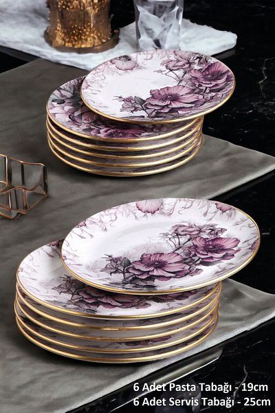 Pinkev Petunia 12 Pieces Ceramic Cake Serving Plate Set for 6 Persons
