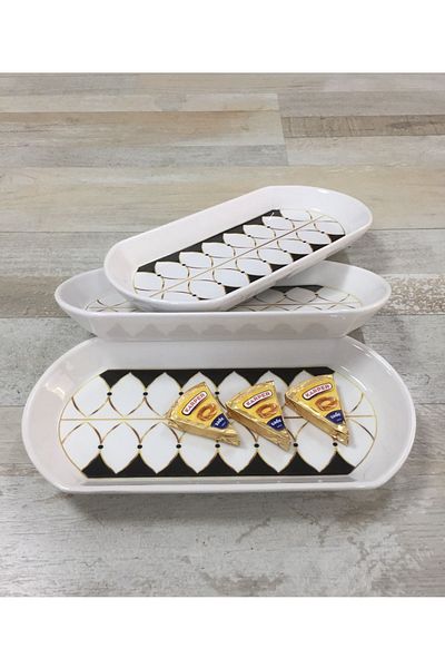 Pinkev Black Drops 3 Pieces 26cm Medium Size Ceramic Oval Breakfast Cheese Boat Serving Presentation Plate Set