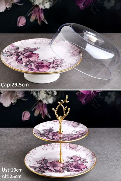 Pinkev Petunia 2-Piece Ceramic Layered Cookie Cake Presentation Plate Set with Dome - Kup123P