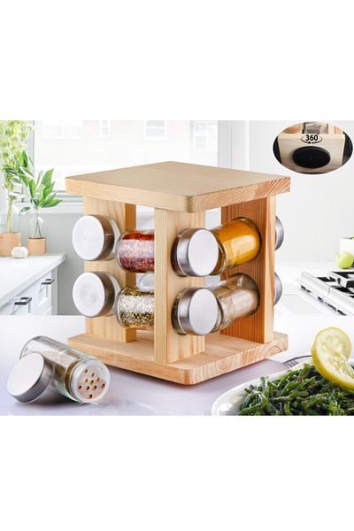 Pinkev Set of 8 Glass Spice Rack Spice Set with Rotating Wooden Stand