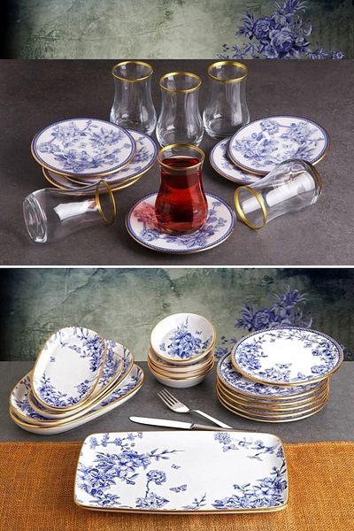 Pinkev 27 Pieces 6 Person Ceramic Breakfast Cake Plate with Blue Gold Tea Cups Presentation Set