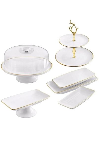 Pinkev 6 Piece White Gold Ceramic Cake Serving Boat Presentation Plate Plate Set with Dome