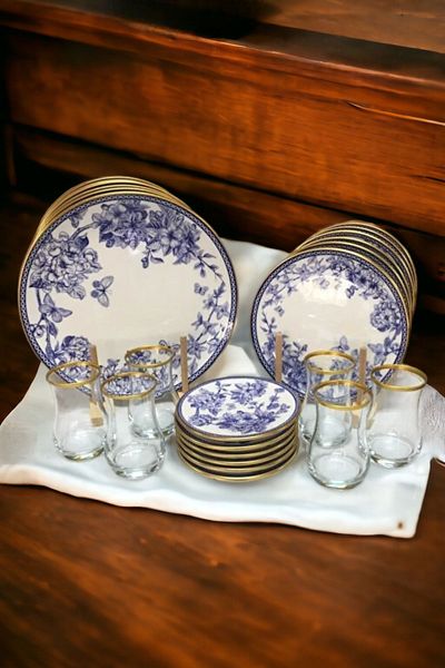 Pinkev Butterfly 24 Piece Ceramic Cake Serving Plate Tea Cup Set