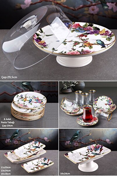 Pinkev Flora 24 Parça Seramik Fanuslu Pasta Çay Bardaklı Kahvaltı Sunum Tabağ...