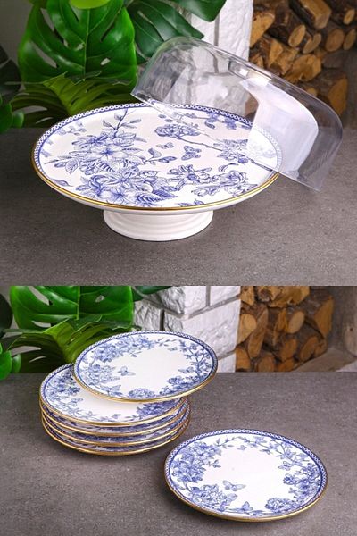 Pinkev Butterfly 7-Piece Ceramic Cake Serving Plate Set with Dome - Kup120S