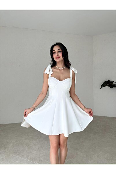 popibutik Cravata Umeri Forma Corset Tesatura Atlas Mini Rochie Alba