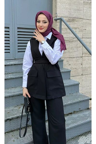 Swana Linen Look Vest and Trousers Set-Black