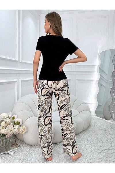 AURA Dámský pyžamový set se vzorem Black Leaf - Krátký rukáv