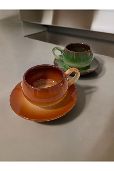 Artistic Quality Dekoratif Şık Tasarım Yeşil ve Kahverengi Renklerinde Çay-Ka...