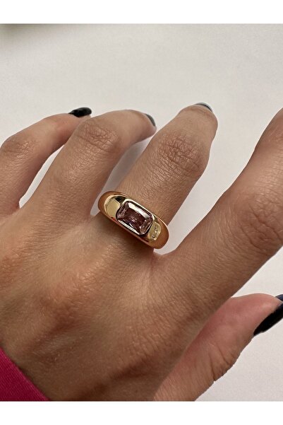 ringbox Gold Dörtgen Pembe Taş Detaylı Kadın Yüzük