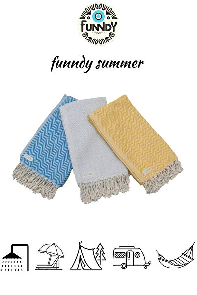 FUNNDY Σετ 3 πετσέτες παραλίας Peshtemal 100% βαμβάκι - XXL 100x180cm, Κίτρινο-Γκρι-Μπλε, Καλοκαίρι