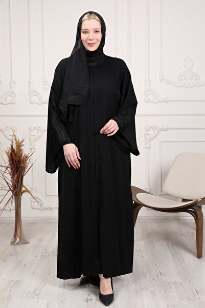 GigiTex Κομψό και υψηλής ποιότητας με μαύρη δαντέλα λεπτομέρεια Dubai Silk Shawl Abaya Ferace