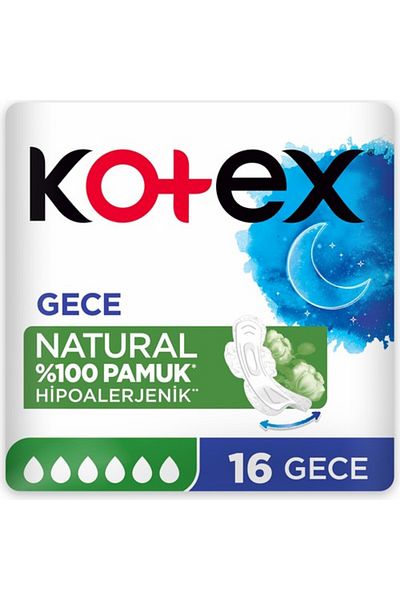 Kotex Natural Sanitary Pad 100% Cotton Hypoallergenic Night Pack of 16
