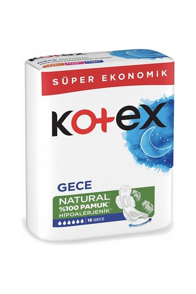 Kotex Natural Sanitary Pad 100% Cotton Hypoallergenic Night Pack of 16