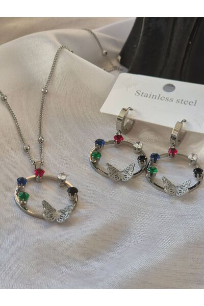 Pinkimaj Kelebekli Taşlı Kolye Küpe Seti Daire Çelik Gümüş Renk