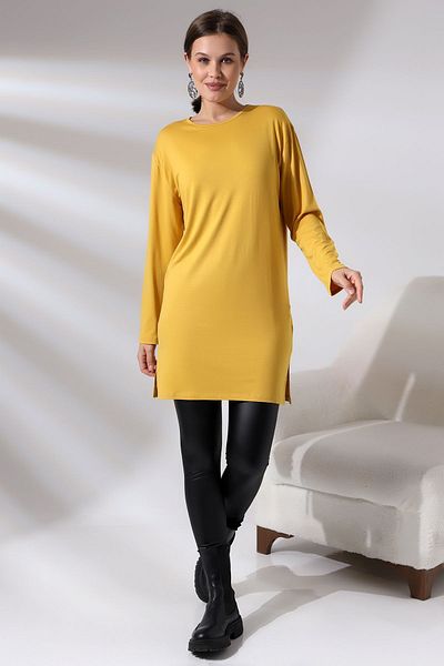 Endies Long Sleeve Slit Crew Neck Lycra Tunic 20398 Mustard