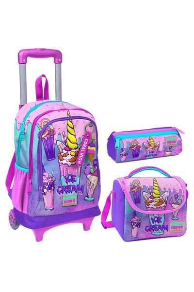 Coral High Pembe Mor Dondurma Üçlü Çekçek Işıklı Tekerlekli Çanta Seti - Kız Çocuk