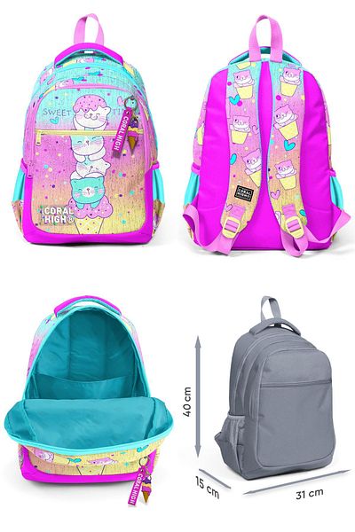Coral High Colorful Ice Cream Cat Patterned Three-Eye Primary School Bag Set for Girl