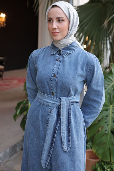 benguen Τζιν Φόρεμα Navy Blue Hijab - Κουμπωτό, Γυναικείο, 6807