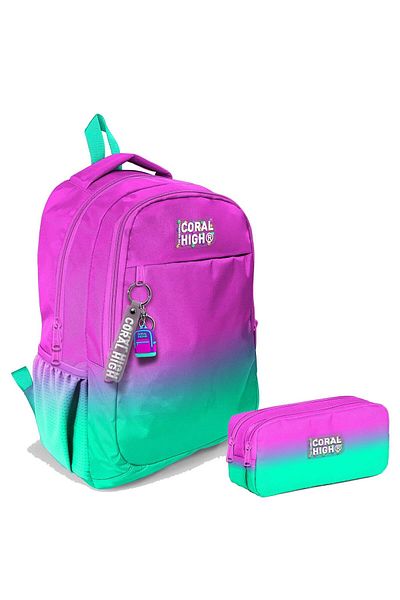 Coral High Set rucsac și suport stilou pentru fete, verde apă, roz - școală primară și gimnazială