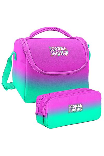 Coral High Pink Water Green Patterned Thermal Insulated Lunch Box and Pen Holder for Girls