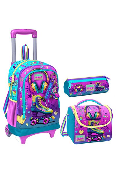 Coral High Pembe Turkuaz Kulaklık Paten Üçlü Çekçek Işıklı Tekerlekli Çanta S...