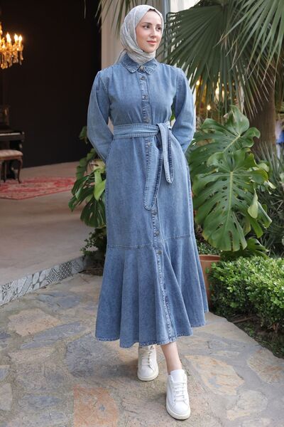 benguen Τζιν Φόρεμα Navy Blue Hijab - Κουμπωτό, Γυναικείο, 6807