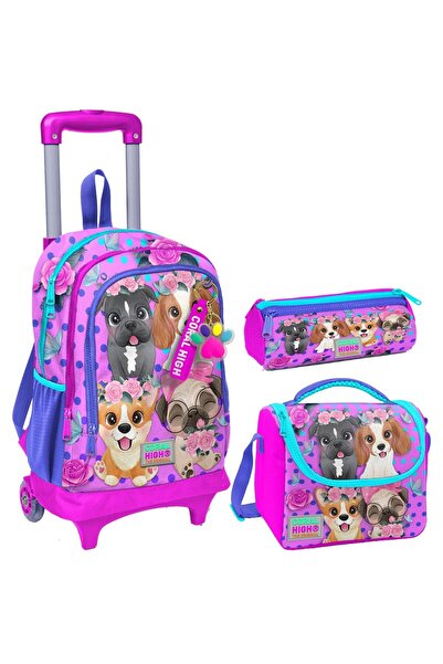 Coral High طقم حقيبة ثلاثية بنمط كلب وردي للفتيات - عجلة مضيئة