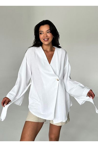 Laluvia Leinenkimono – Weiß, 100 % Baumwolle, Knopfdetail und Gürtel