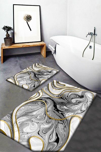 Else Halı Gray Yellow Marble Patterned Washable Non-Slip Base 2-Piece Bathroom Rug Mop Toilet Set