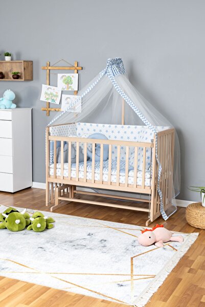 Bamgidoo Ahşap Beşik Anne Yanı Beşik Organik 70x130 - Mavi Yıldız 3 Yastıklı Uyku Seti + Yataklı