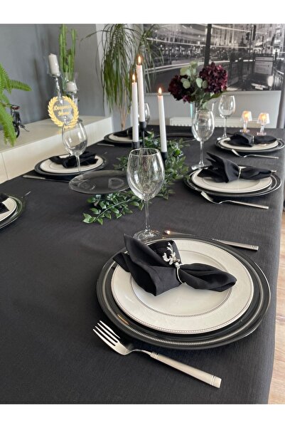 Decamor home Keten Dokulu Siyah Peçete 6 Adet