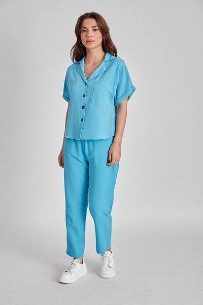 Suzi butik Turquoise Linen Trousers - Lace-up, Textured, Women's, 50371